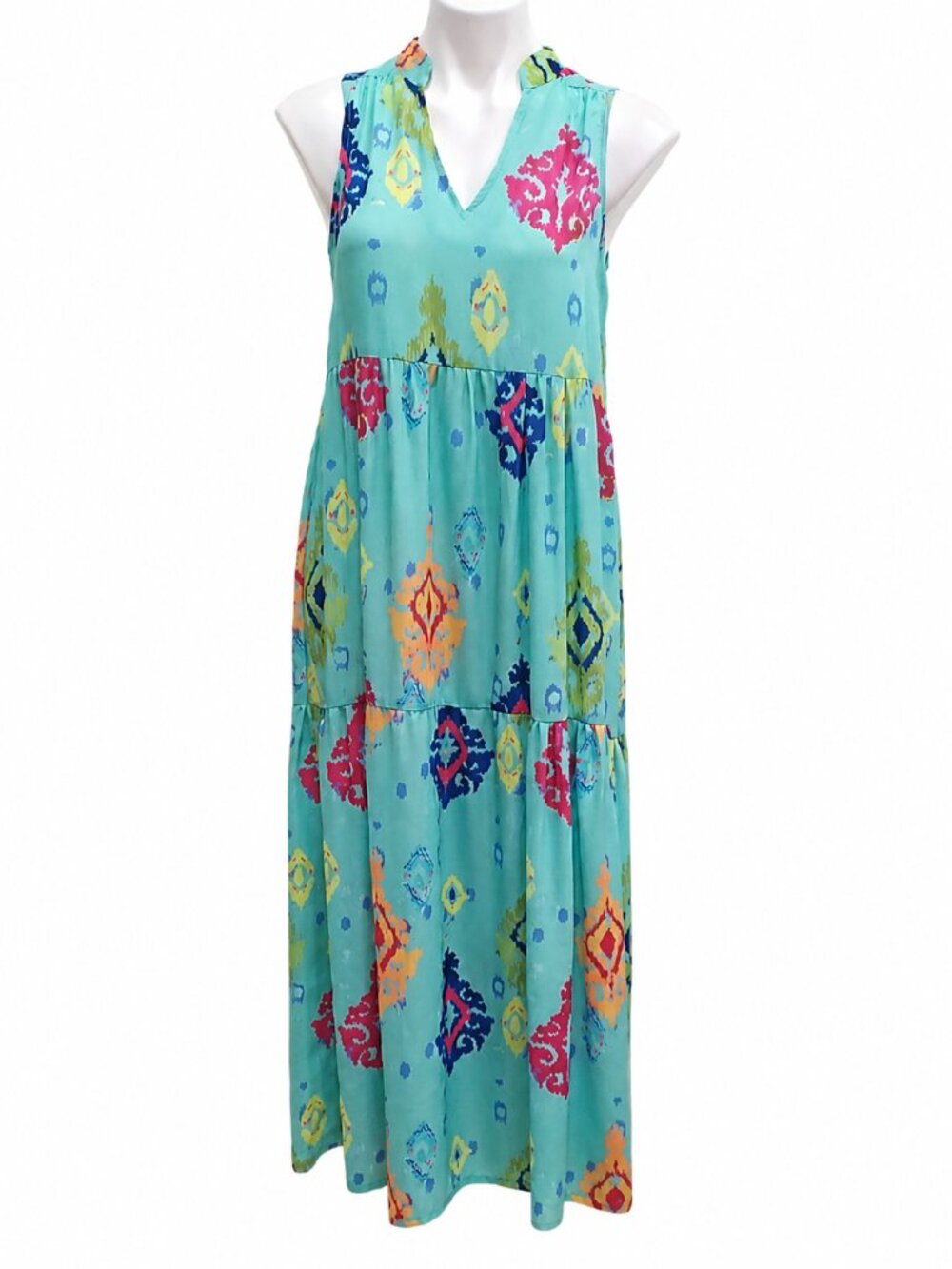 SMALL sleeveless maxi dress. Ikat print. Lightweight relaxed loose fit dress